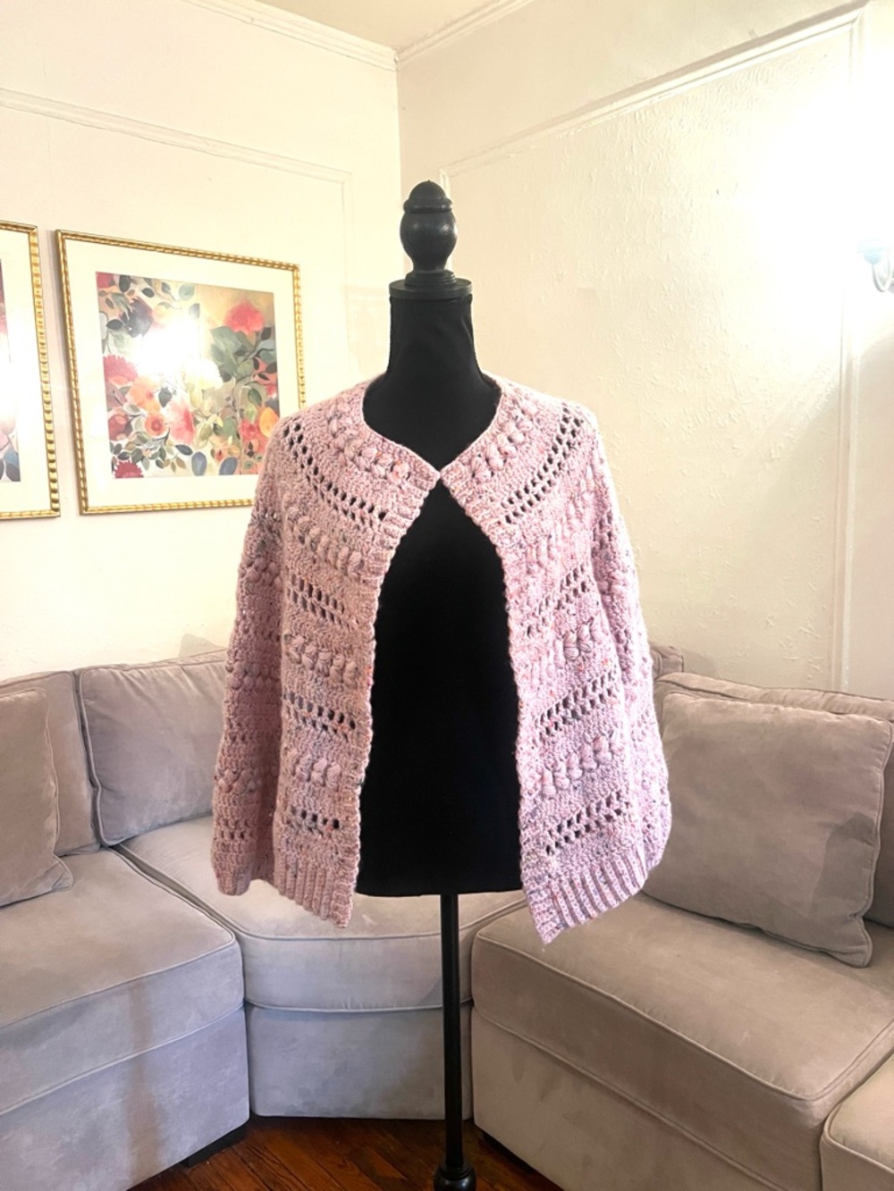 Handmade Dusty Pink Crochet Knit Cardigan with Balloon Sleeves - Picture 11 of 11